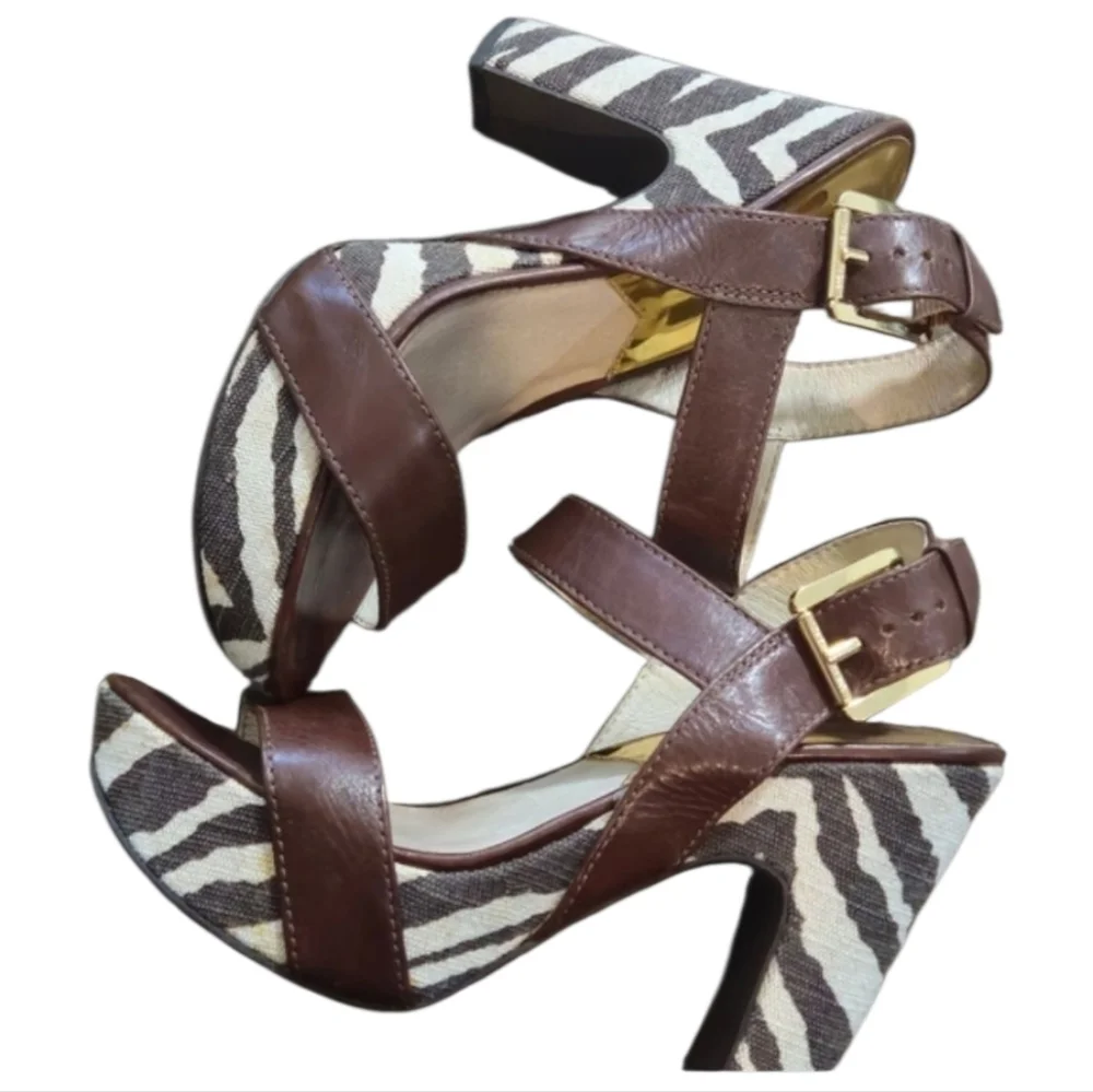 Michael Kors Brown Leather Zebra Print Platform Sandals - Picture 7 of 12